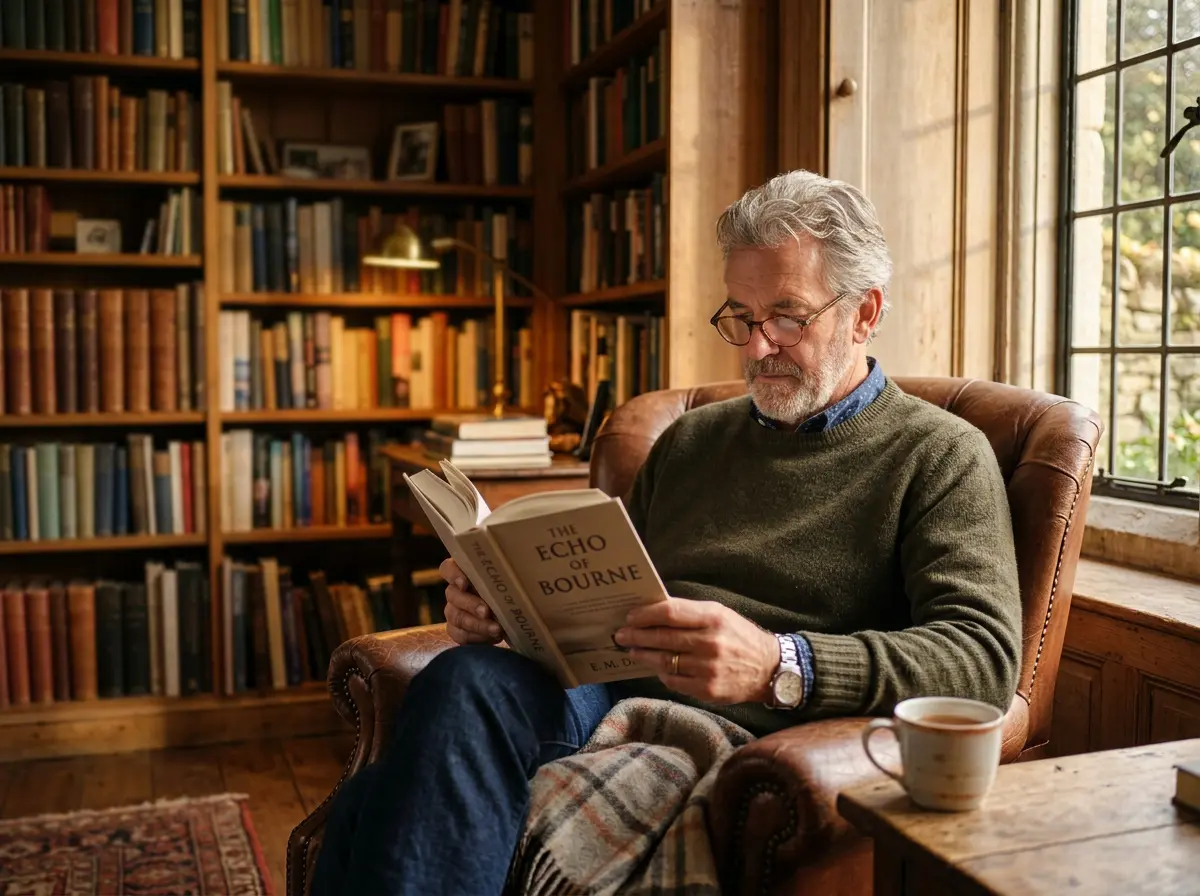 Уверенный мужчина в возрасте отдыхает в домашнем кабинете с книгой, демонстрируя ментальную ясность и спокойствие